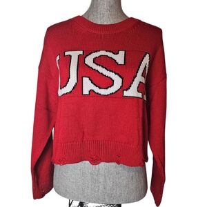 Red Cropped USA Sweater - Women's Size M - Olympics Knit Distressed Top
